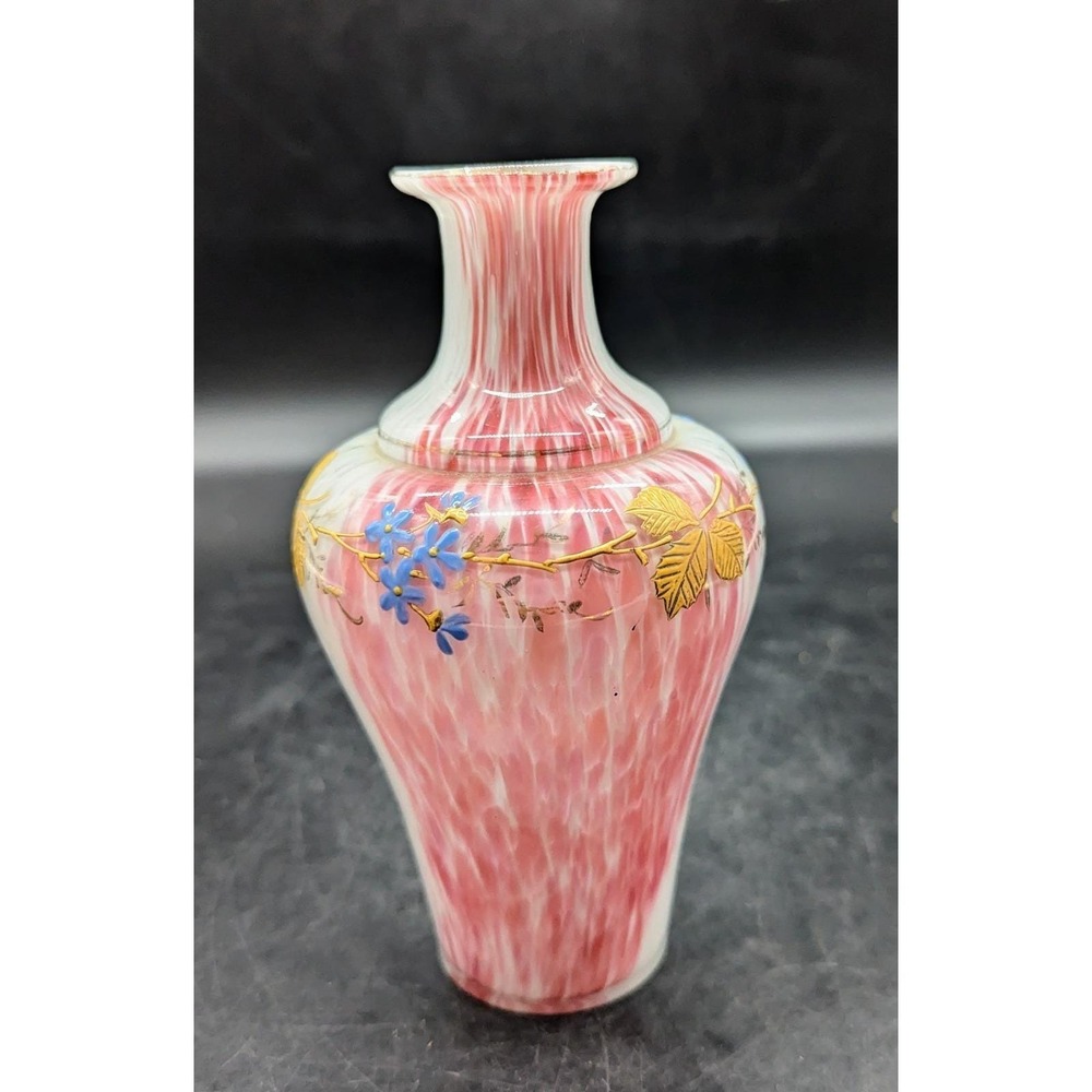 Vintage Bohemian Czech Art Glass Cased Pink Blue Vase Gold Leaf Enamel 6"‎